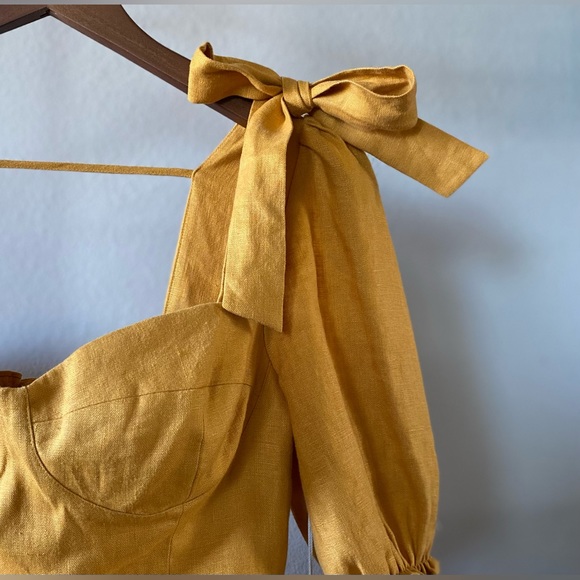 Reformation Dresses Reformation 0 Linen Puff Sleeve Bow Tie Mustard